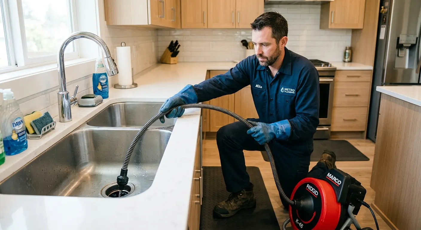 Drain cleaning technician using a motorized snake on a kitchen sink in Orono