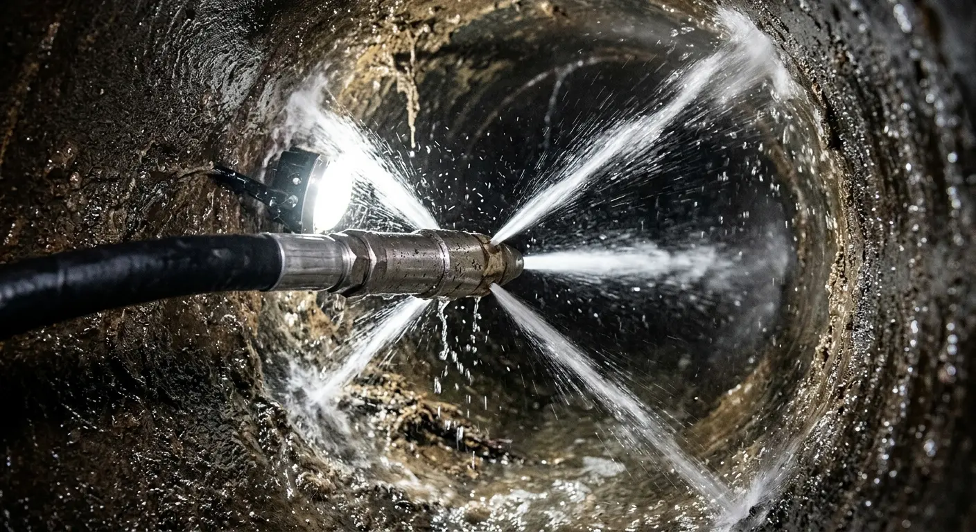High-pressure hydro jetting nozzle cleaning sewer pipe for Trenchless Sewer Repair in Orono