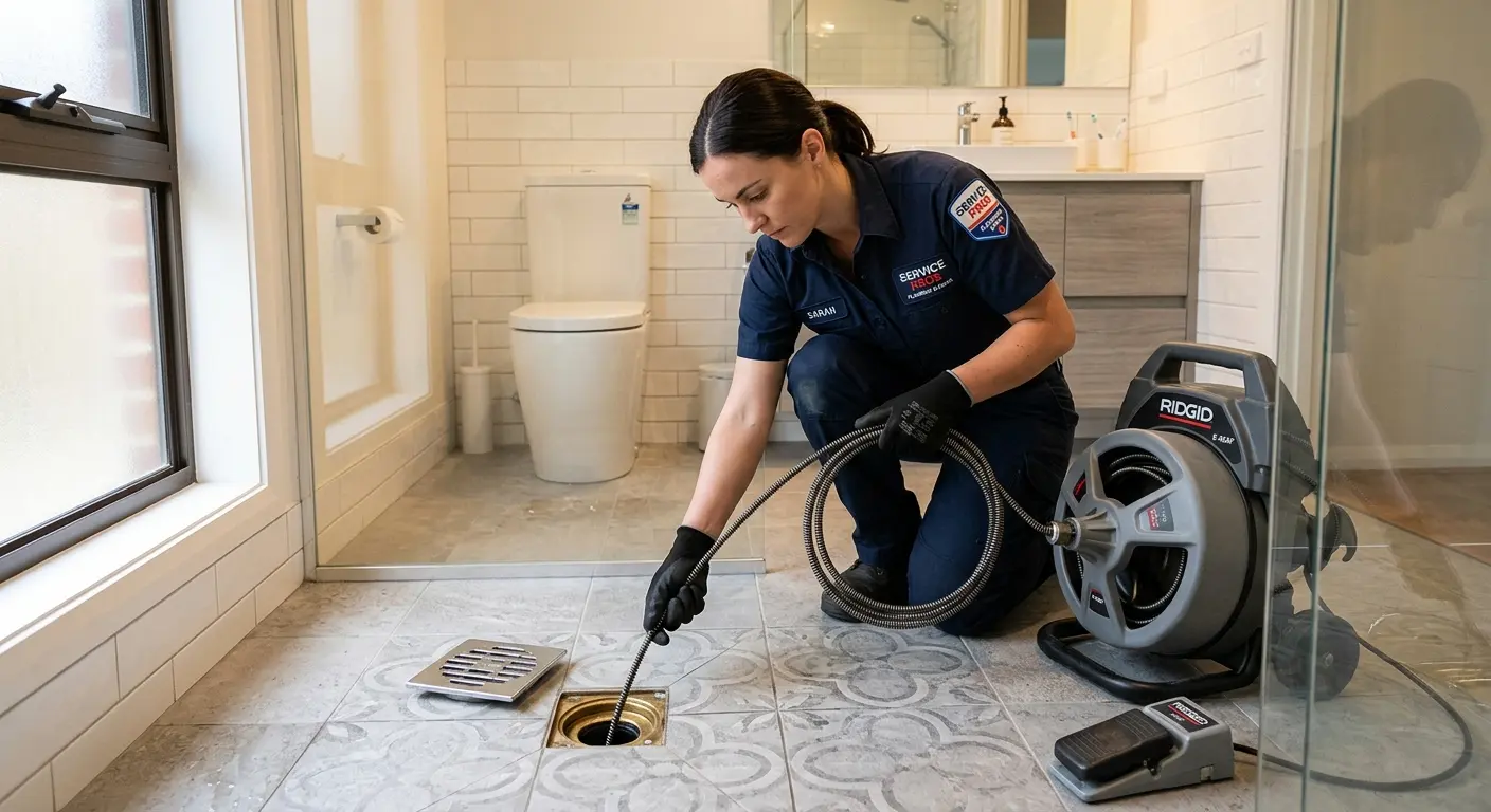 Technician clearing a bathroom floor drain for Hydro Jetting in Orono